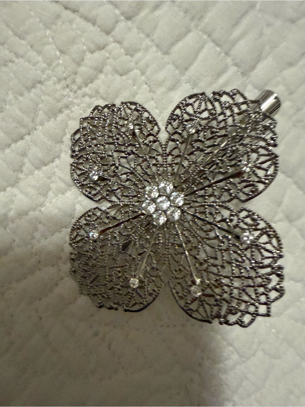 Silver Floral Filigree Statement Brooch or hair clip with Crystal Accents